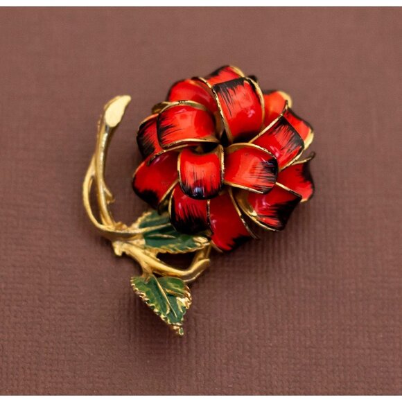 Vintage Red Rose Ribbons Art Nouveau Brooch - U16 - Picture 1 of 2